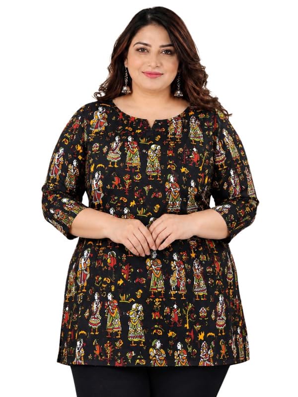 Rayon Floral Printed Straight Short Kurti for Women | Boat Neck Kurta for Girls | 3/4 Sleeve Kurti | Ethnic Tunic Top for Women | Casual and Westrn Wear | Black-picture-46