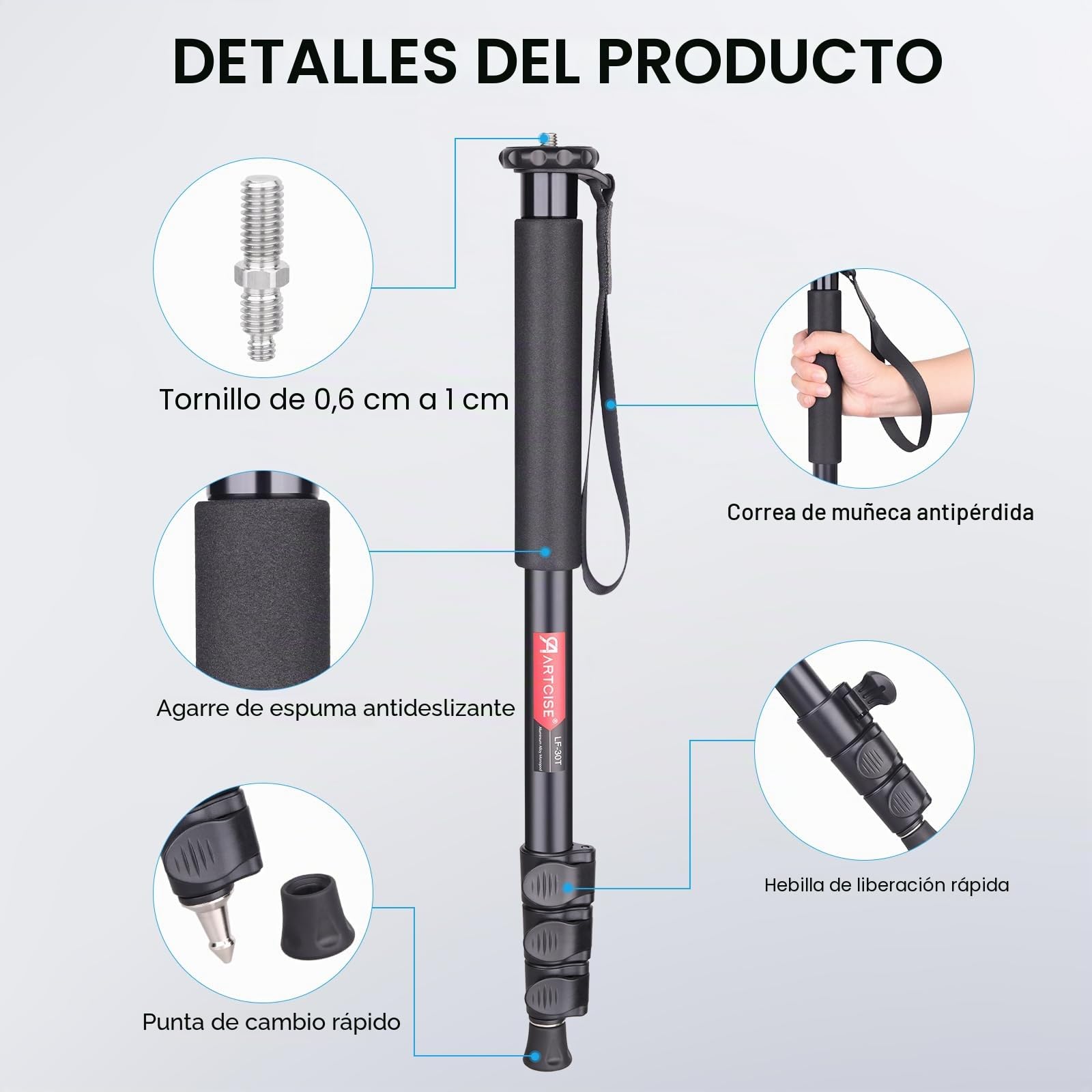 ARTCISE Monopod para cámara, 156 cm, aleación de aluminio, monopié compacto con altura de 4 secciones, soporte de viaje ligero para cámara DSLR, capacidad de carga 15 kg