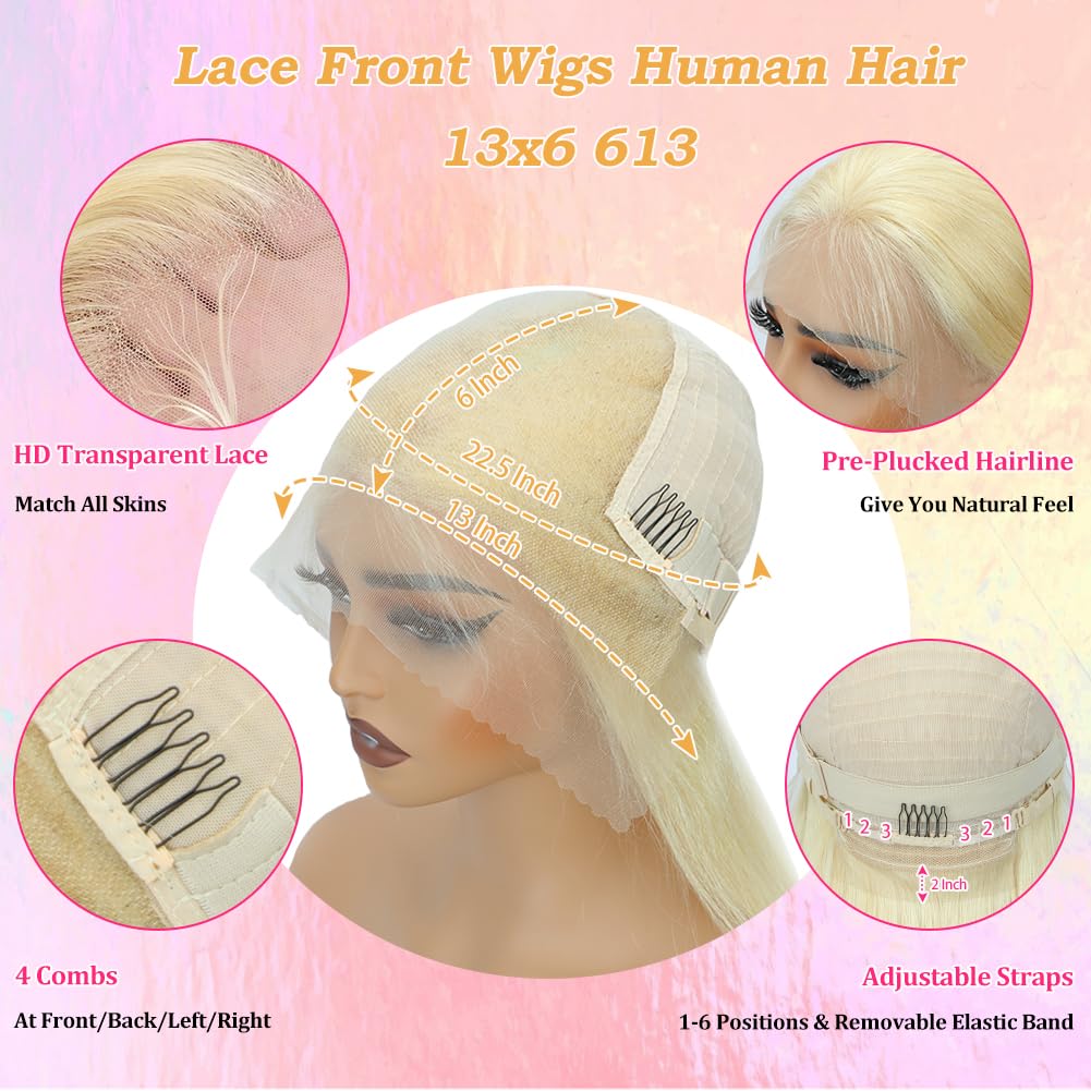 32 Inch 613 Lace Front Wig Human Hair 13X6 Blonde Wig Human Hair Straight HD Transparent Lace Frontal Wigs Pre Plucked with Baby Hair 200% Density Glueless Wig For Women