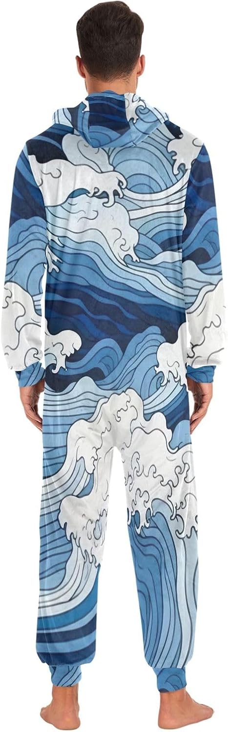 GAIREG Nautical Blue Watercolor Waves Adult Onesie Pajamas, Soft Hooded One Piece Loungewear for Men Women