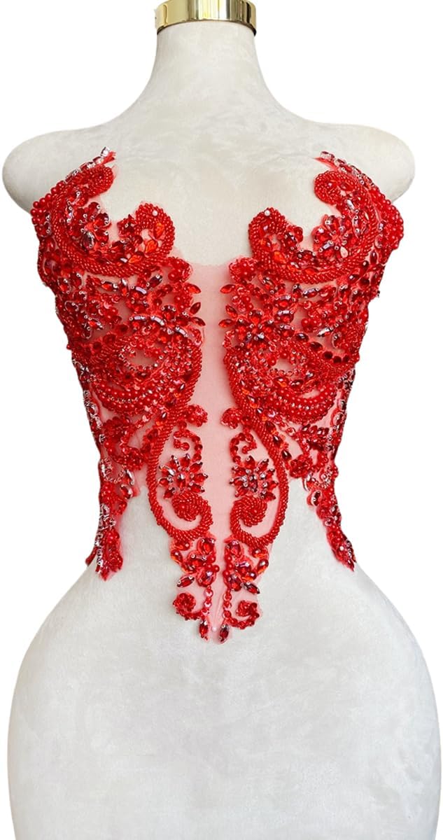Handmade red Rhinestones Bodice lace Applique Hand Sewing Beaded Sequins Trim Patches for Dress Clothes Skirts Multiple Design Styles Accessories (G)