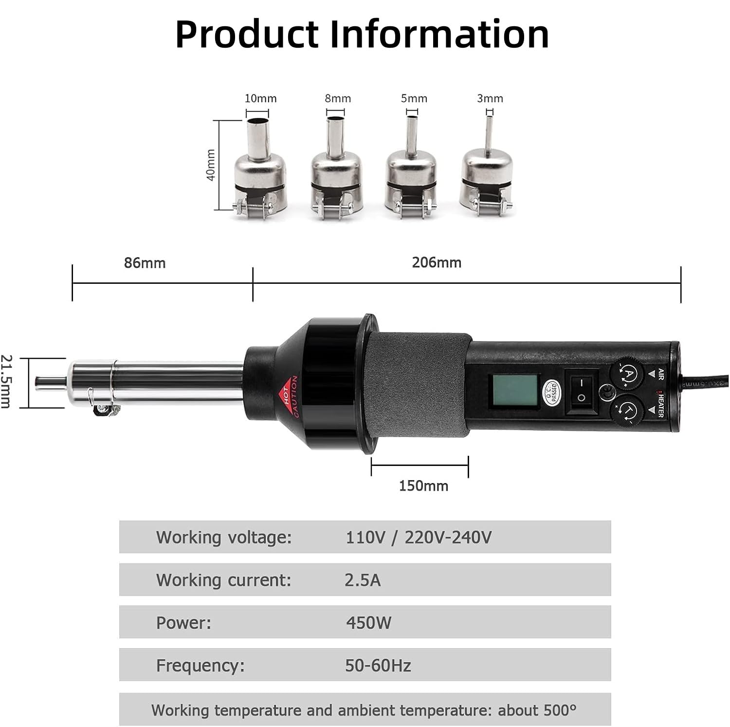Pistolet à Air Chaud, 220V 450W Décapeur Thermique Électronique, Station de Soudage à Air Chaud avec LCD, 4 Buses, 1 Support, Réglable Chaleur Pistolet à Air Chaud Dessouder Station Soudage IC SMD BGA