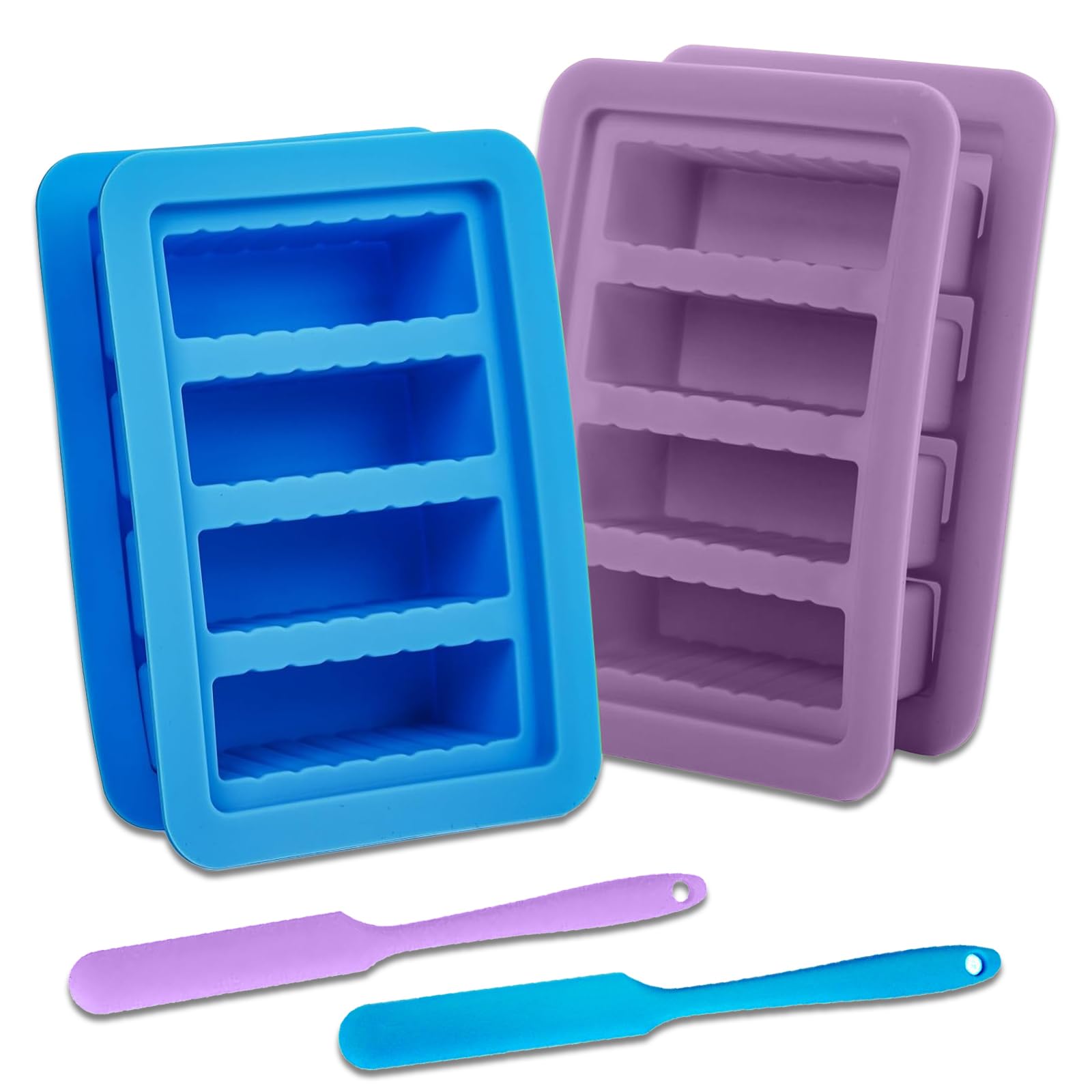 2PCS Butter Silicone Mold with Lid, Non-Stick Butter Mold Tray with Measurements, Butter stick molds with butter paddles for Making Butter for Chocolate Making and Homemade Cakes Baking (Blue&Purple)