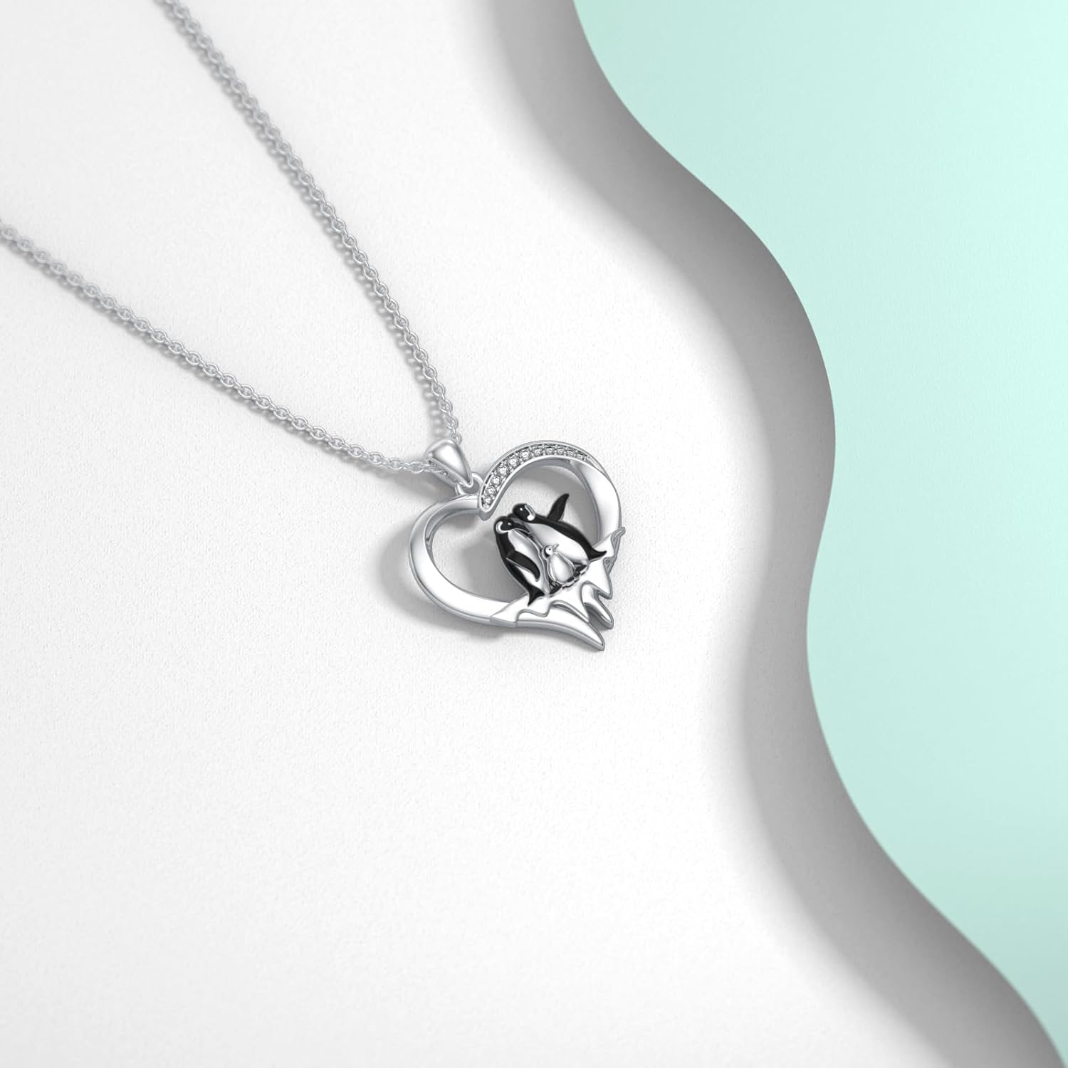 Diamond Penguin Family Necklace for Women 925 Sterling Silver Penguin Heart Pendant Dimond Cute Animal Jewelry Gifts for Mom Wife Daughter