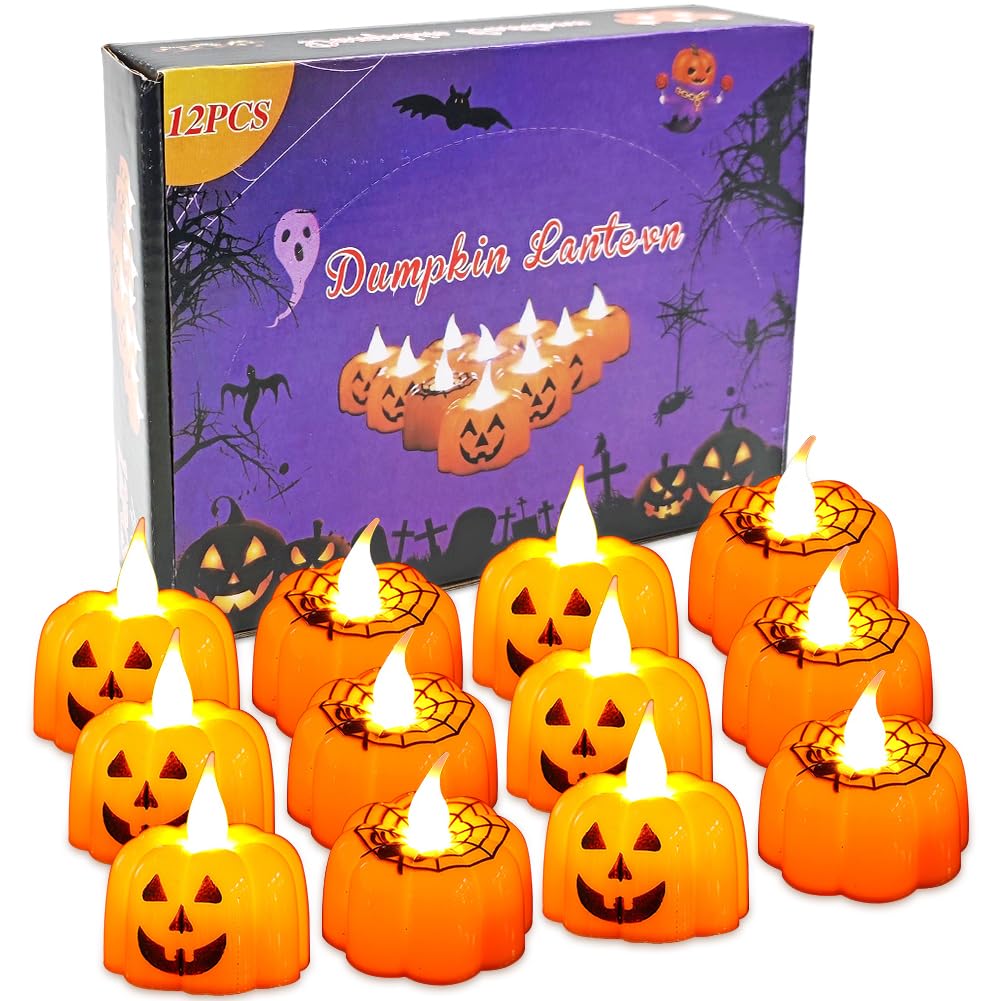 Wfkkmeq Orange Pumpkin Tealights Candles, 12Pcs Halloween Pumpkin Lights Flickering Led Pumpkins Lights Halloween Party Decorations 3D Lanterns Candles For Festival Party Family Room Decoration
