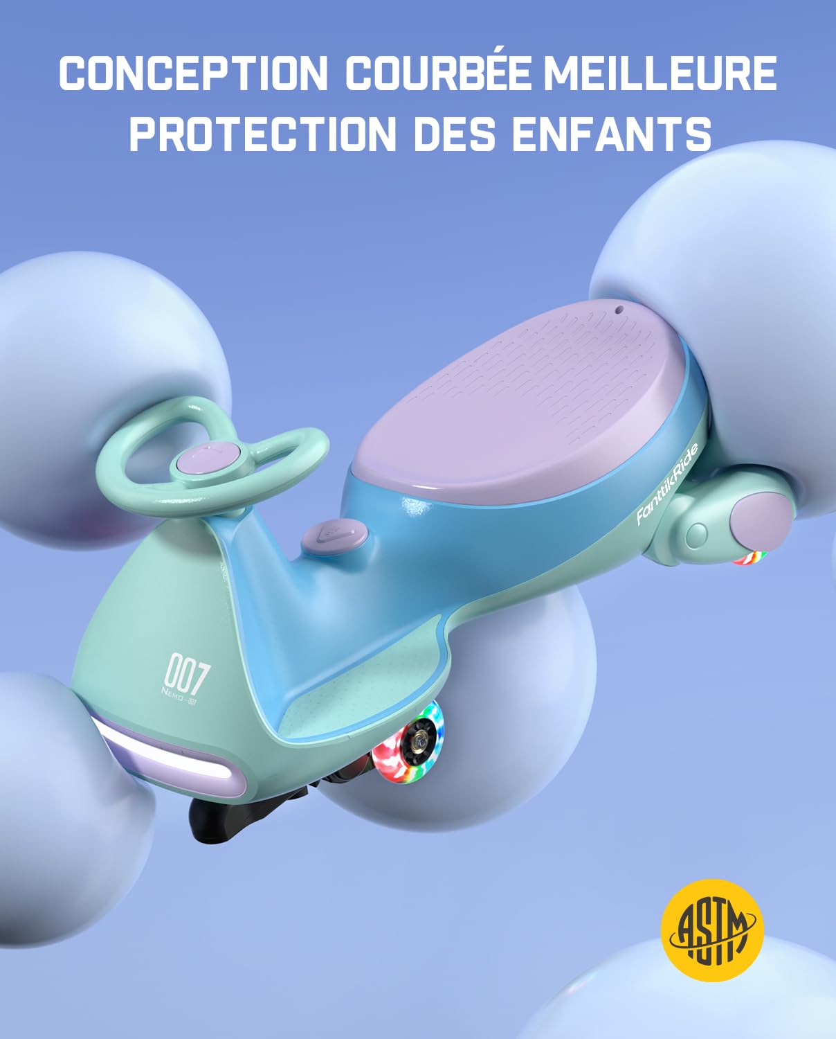 FanttikRide 12V N7 Pro Voiture Électrique Enfants, Anti-Bascule, Ergonomique, 2 en 1, 2 Vitesses, Roues Clignotantes, Bluetooth, Chargement Type C, pour Enfants à Partir de 3 Ans,Bleu Glacier.