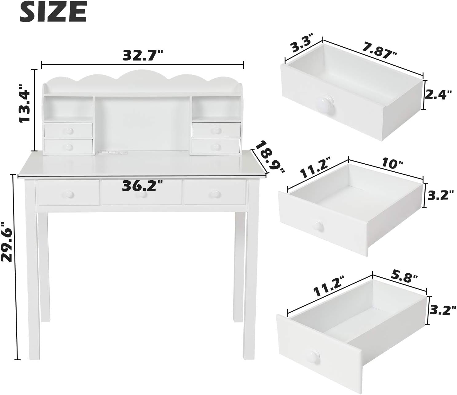 ADORNEVE Writing Desk with USB Port, Home Office Desk with Drawers and Hutch, 36.2" Study Table Computer Desk for Student/Adults, Computer Work Station with Storage Shelf, 7 Drawers, White