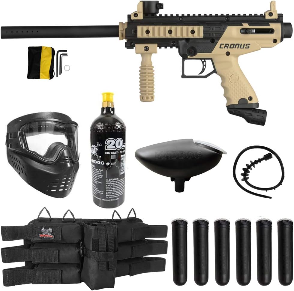 Maddog Tippmann Cronus Basic Paintball Gun Marker and Accessory Starter Packages [CO2] | Marker, 20oz CO2 Tank, Mask, Hopper, Pods, Harness & Protective Gear Options