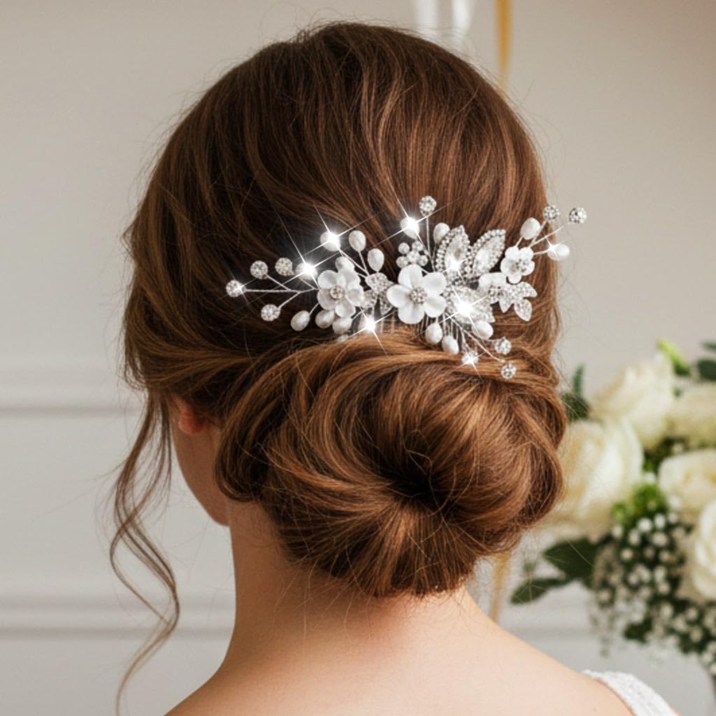 Catery Flower Wedding Hair Comb Silver Rhinestone Bridal Hair Piece Accessories for Brides