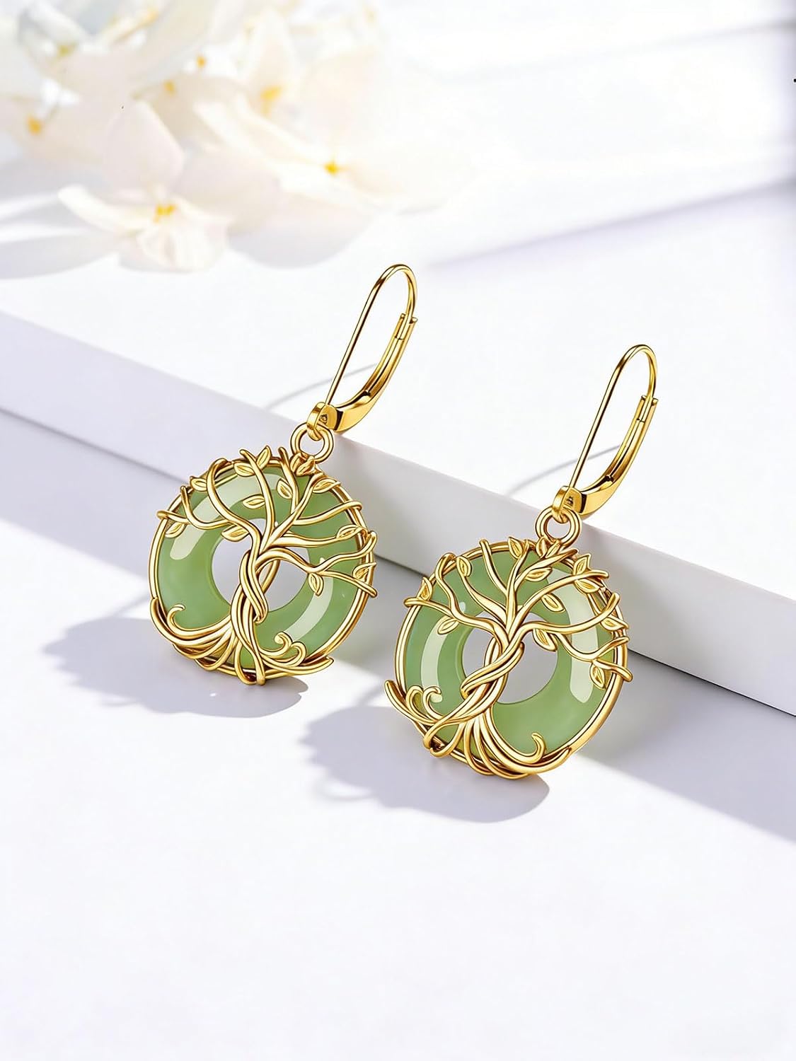 KiiKii Jade Earrings for Women 925 Sterling Silver Tree of Life/Lotus Flower Dangle Drop Earrings Jade Jewelry Christmas Birthday Mother Day Gift for Mom Wife Grandma