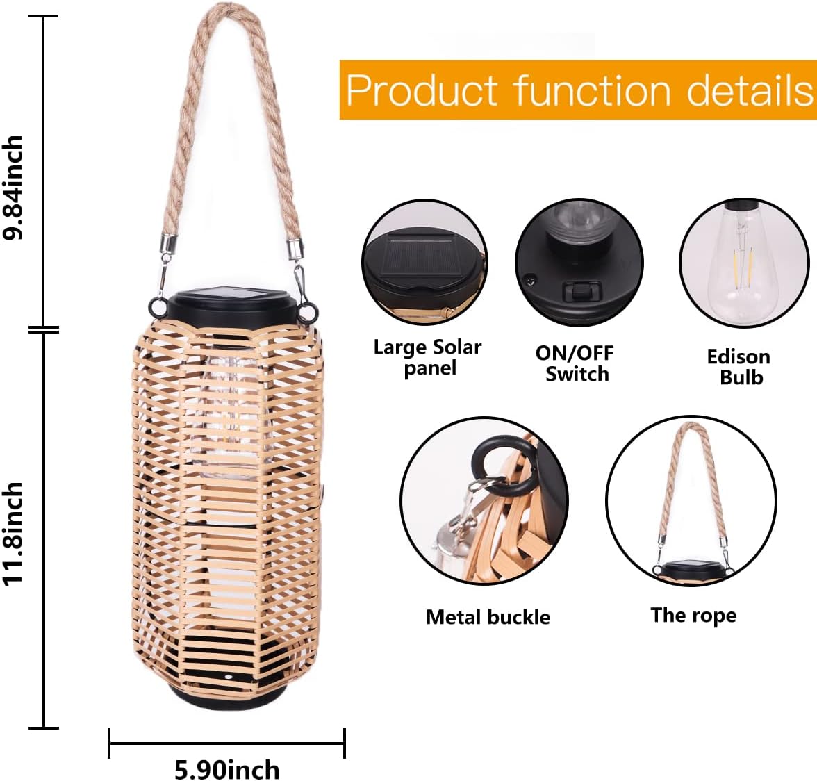 Livinlarge Solar Lantern Outdoor Hanging Lights, Rattan Lantern Waterproof with Twine Handle, Bright Solar Outdoor Lights with Edison Bulb for Garden Patio Yard Tabletop Decoration