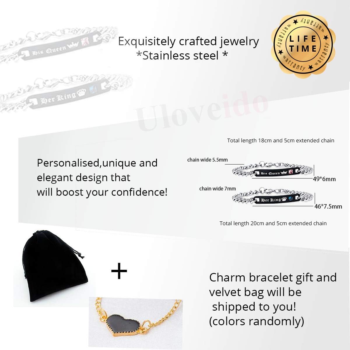Uloveido His Queen and Her King Black Titanium Necklaces & Bracelet Matching Couple Jewelry Sets for Men and Women with Cubic Zirconia ST118