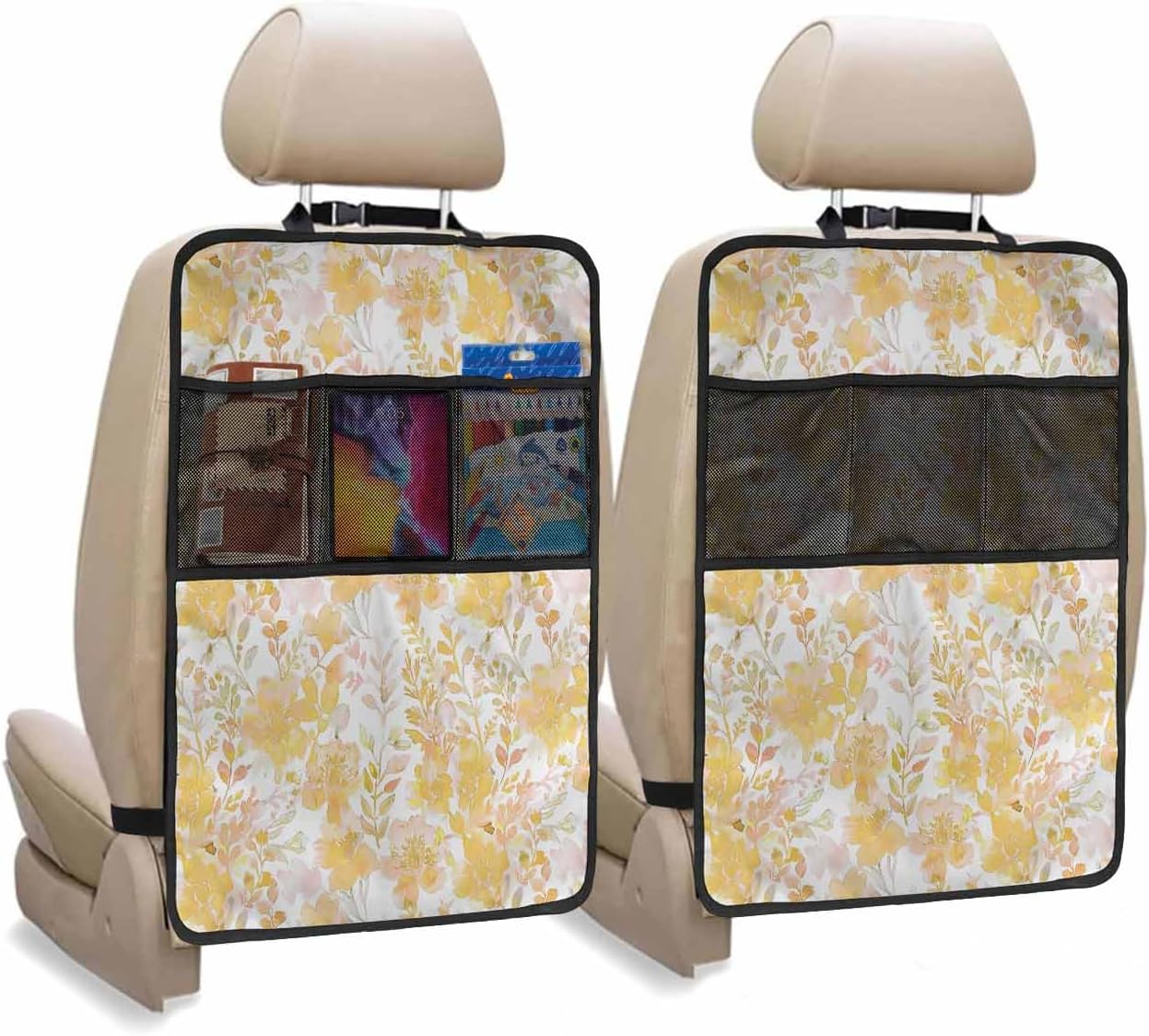 Car Seat Protector, 2 Pack Kick Mats with Organizer - 3 Pocket Storage, Yellow Abstract Flowers Plants Watercolor Floral Back Seat Cover for Kids Universal Fit Automotive Interior Protectors