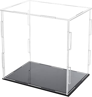 FINGERINSPIRE Acrylic Box with Black Stand and Rubber Band, 6x6 Inch Cube Clear Acrylic Display Cases for Collectibles, Self-Assembly Dustproof Countertop Box for Toys and Collections