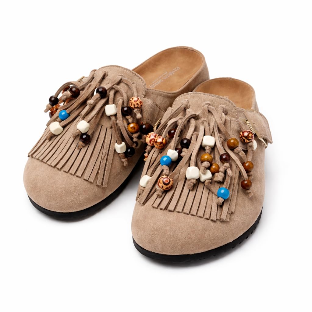 Zuecos para Mujer Estilo Boho con Flecos y Cuentas Decorativas, Ante Sintético, Suela EVA Antideslizante, Hebilla Ajustable 36-41