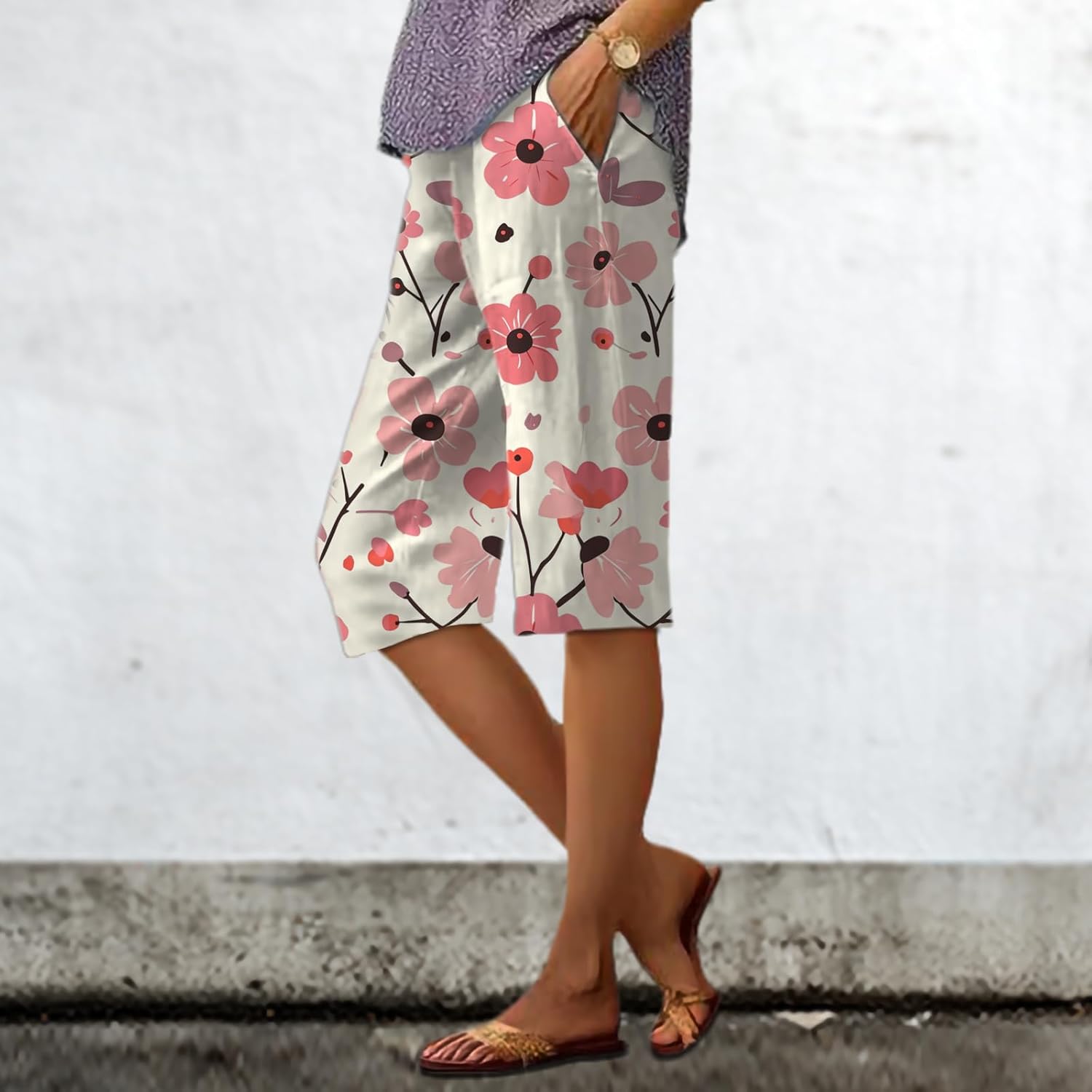 Summer Shorts for Women 2025 Vintage Floral Business Casual High Waisted Elastic Waist Wide Leg Pants - Image 2