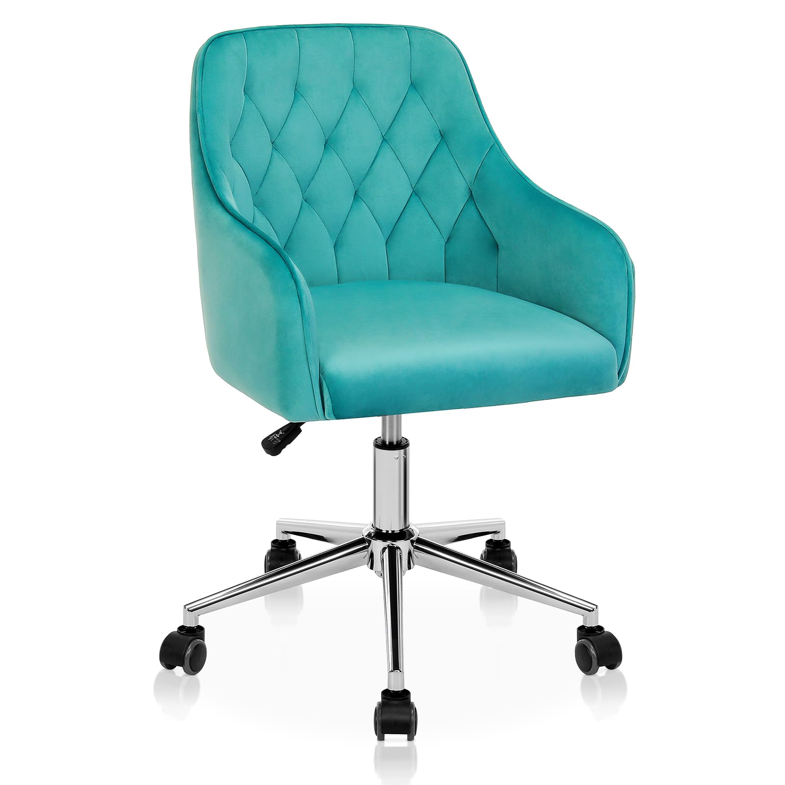 HOFFREE Velvet Vanity Chair for Makeup Mid-Back Task Chair with Wheels Computer Desk Chair Adjustable Low Back Rolling Chair for Home Office Bedroom Vanity Room Green