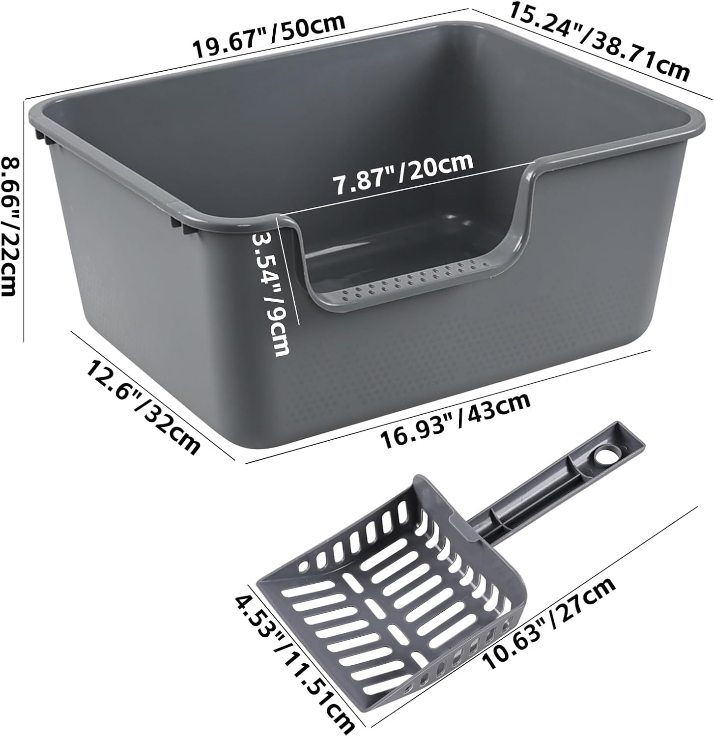 4 Packs High Side Cat Litter Box with Scoop, Open Top Pet Litter Pan, (19.67" L x 15.24" W x 8.66" H), Gray