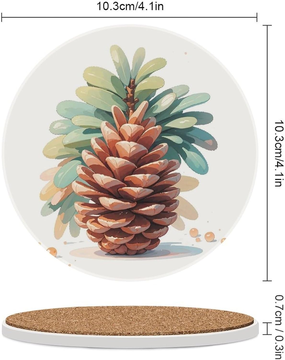 6PCS Watercolor Pine Cone Coasters Non-Slip Round Drink Coasters with Ceramic Stone and Cork Base, Heat Resistant Absorbent 33.00Stone Coaster Set for Kinds of Mugs and Cups, 4 Inch