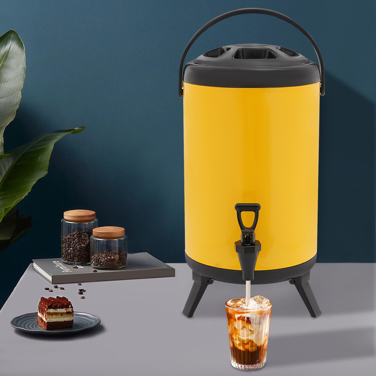 Distributore di bevande isolato da 10 l, per bevande calde e fredde, in acciaio inox, con perni, caraffa termica, contenitore per tè, caffè, succo (giallo)
