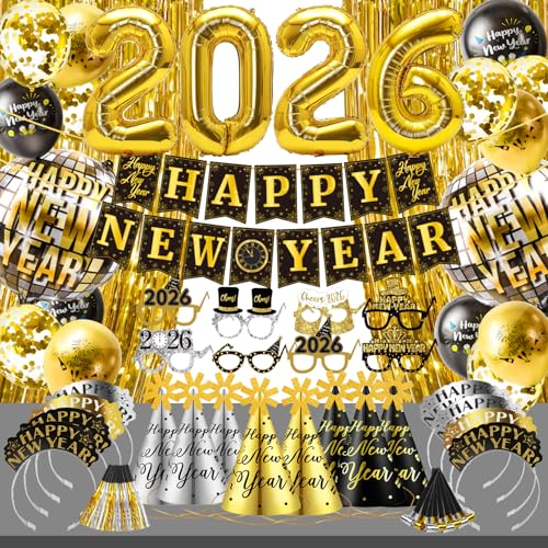 iZoeL Happy New Year Decorations 2026 Happy New Year Banner Big 2026 Balloons Hats Glasses Headband Photobooth Props Gold Fringe Curtain for Home Office School Bar Eve Party Decor Black Gold