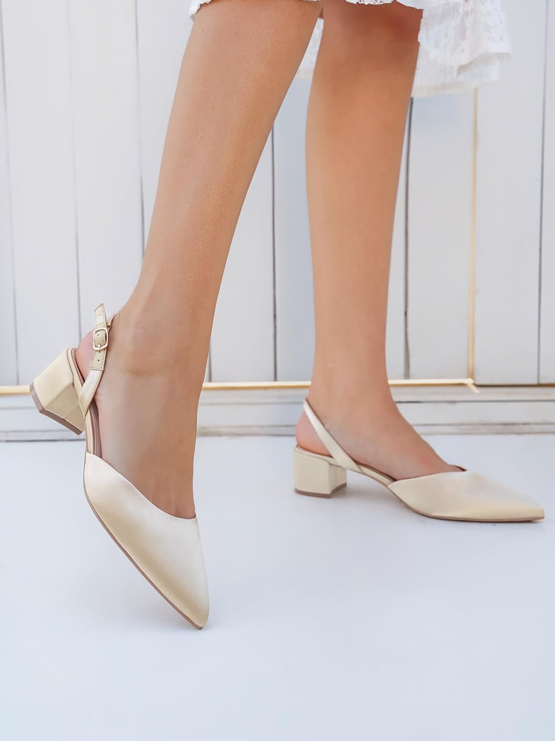 Coutgo Womens Low Chunky Heels Slingback Closed Pointed Toe Pumps Party Wedding Dress Shoes - Image 3