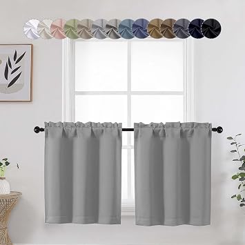 Silver Grey Cafe Curtains 24 Inch Length Tier 2 Panels Set, Soft Solid Thermal Insulated Blackout Kitchen Half Curtains for Windows for Bathroom Basement, Silver Grey, 2PCS Each 30" Wx24 L