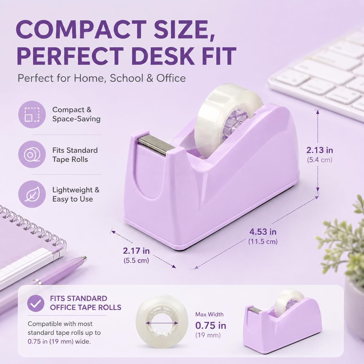 Purple Cute Desktop Tape Dispenser, Weighted Non-Skid Base Office Tape Dispenser for One-Handed Dispensing, Aesthetic Macaron Pastel Tape Cutter for Home Office, School, Fits 3/4" Tape image 2