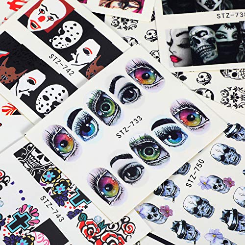25 Sheets Halloween Nail Art Decals Stickers, MWOOT Water Transfer Grimace Skull Eye Full Wrap Stickers Set for DIY Nail Tips - Image 3