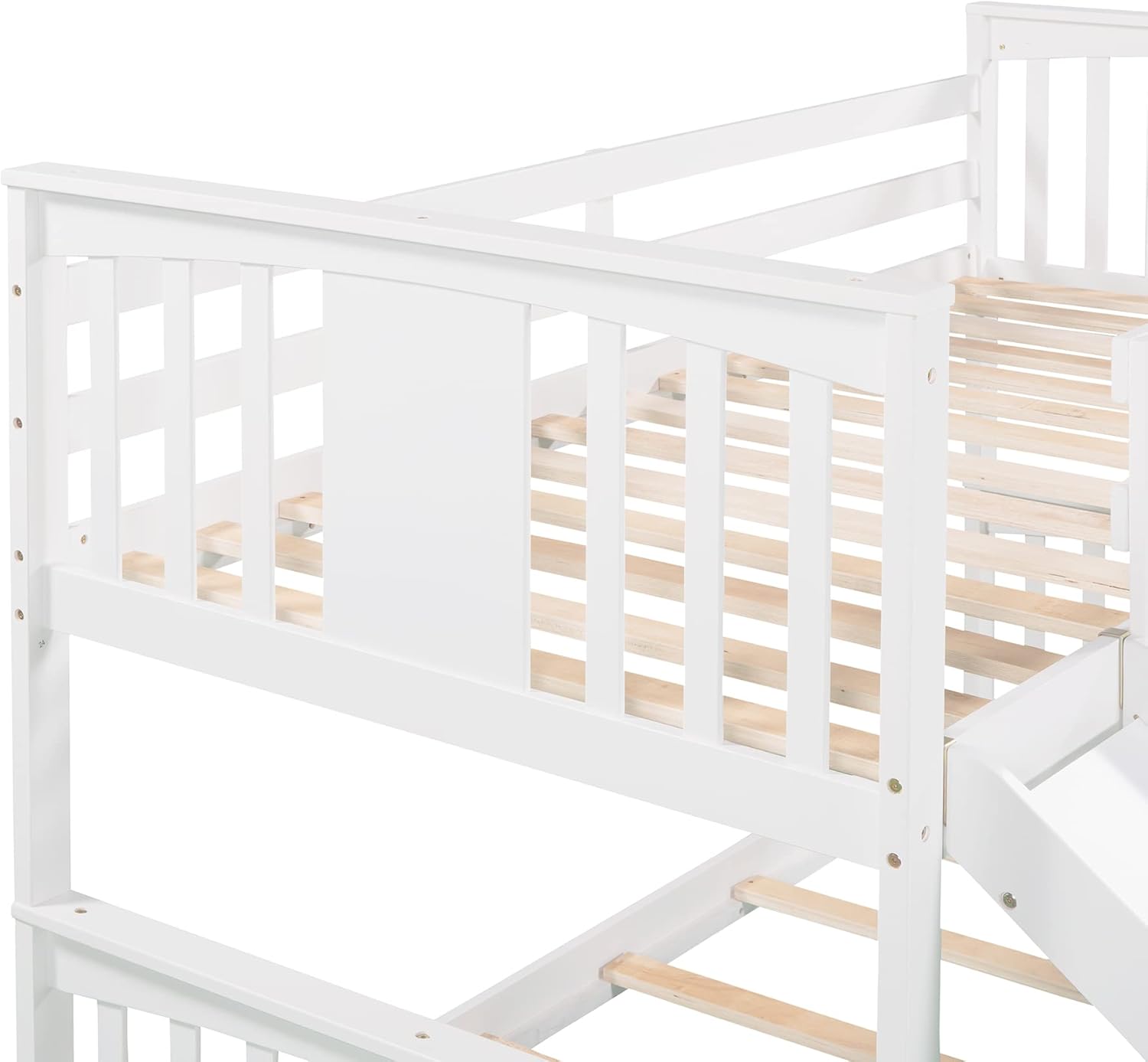 Montessori Floor Bunk Bed Twin Over Twin, Twin Bunk Bed with Slide and Ladder, Kids Bunk Beds with Guardrail Headboard and Footboard, Low Bunk Beds for Kids, Boys, Girls, Twin Bunk Bed White