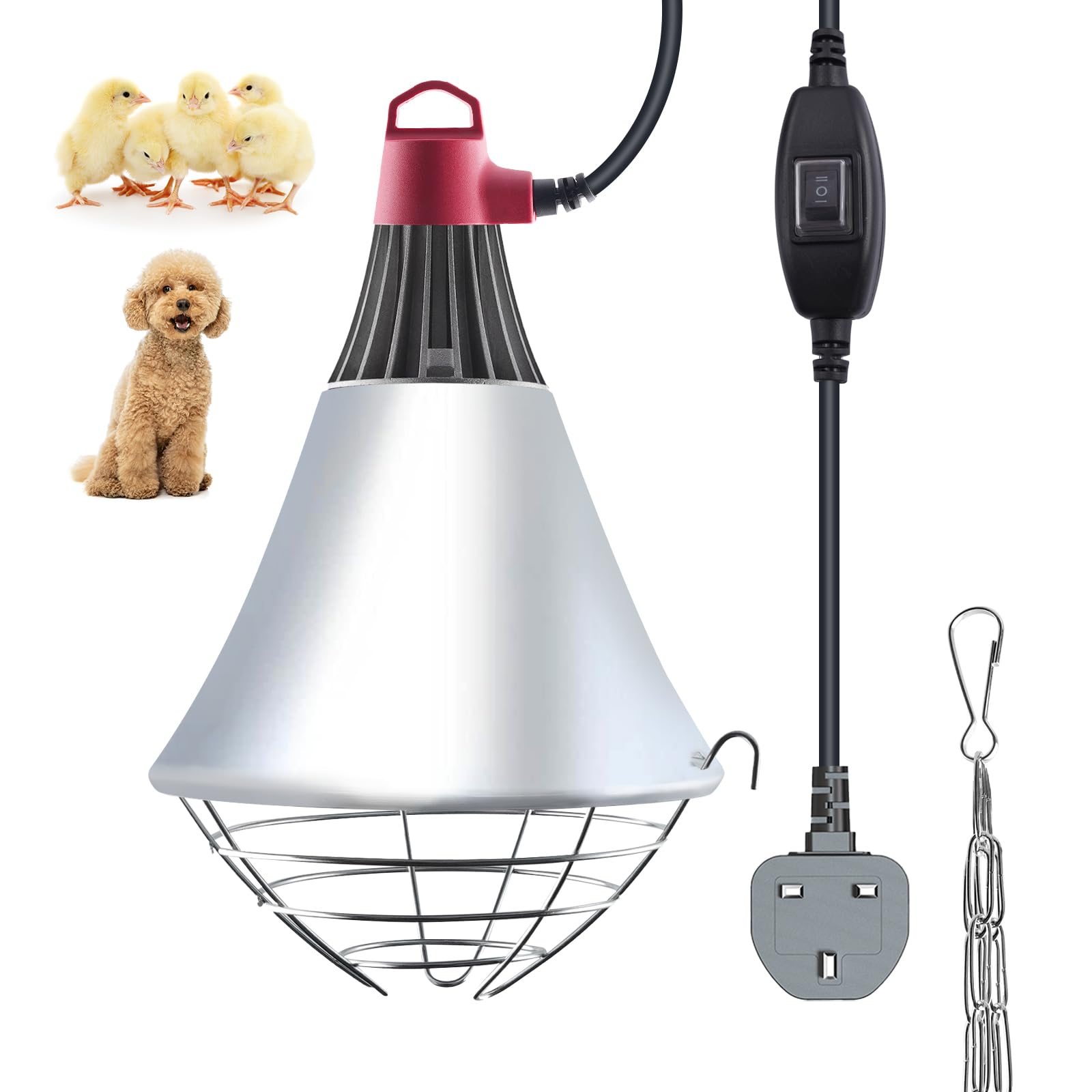 GlowUp 250W Poultry Heat Lamp for Chicks, Infrared Heat Lamp Holder 2 Modes Hign/Low Switch with 2m Wire UK Plug Poultry Heating Lampshade for Kennel Chicks Piggery (No Bulb!)