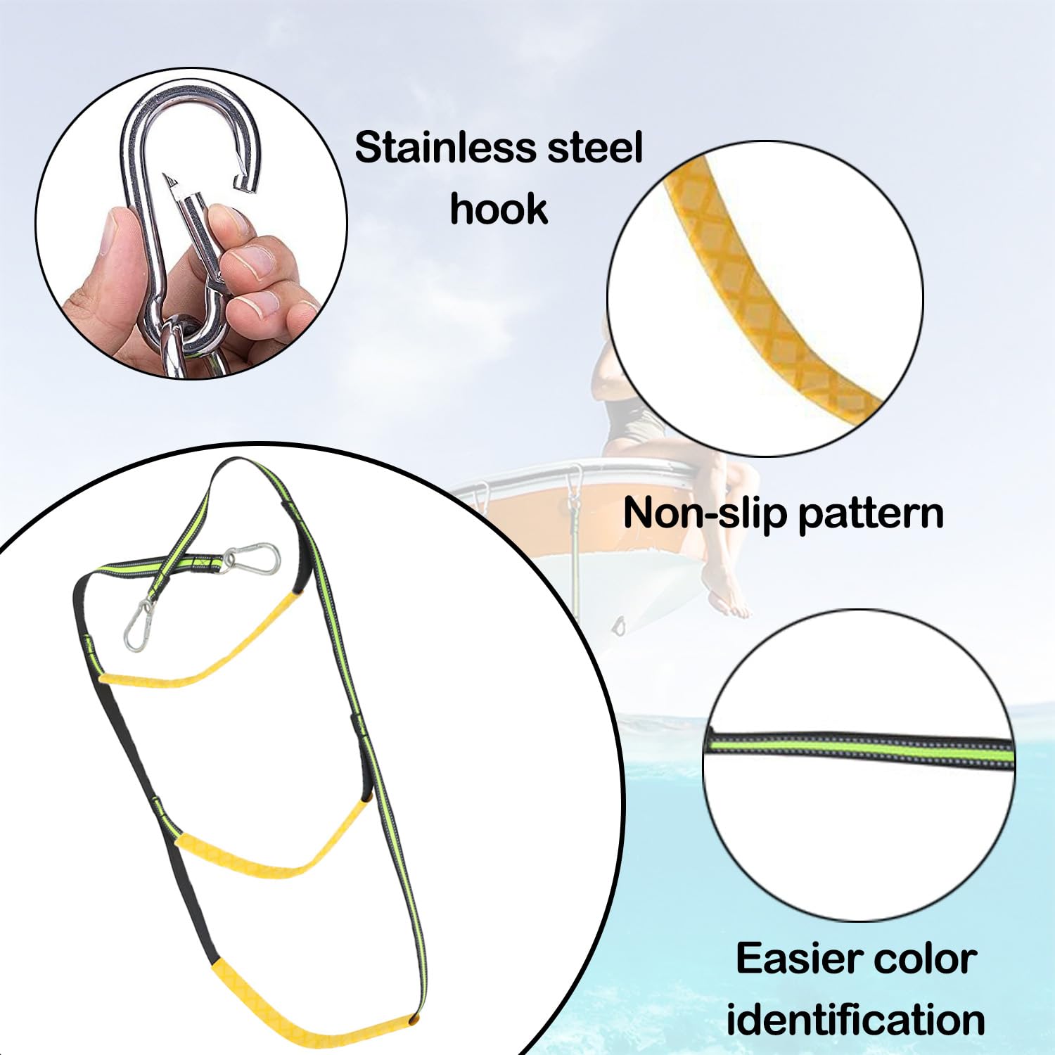 Échelle De Corde De Bateau, 3 Marches, Vert Fluorescent, Nylon Et Acier Inoxydable, 98*40cm, 50 kg, Pliable, Visible En Situation De Faible Luminosité