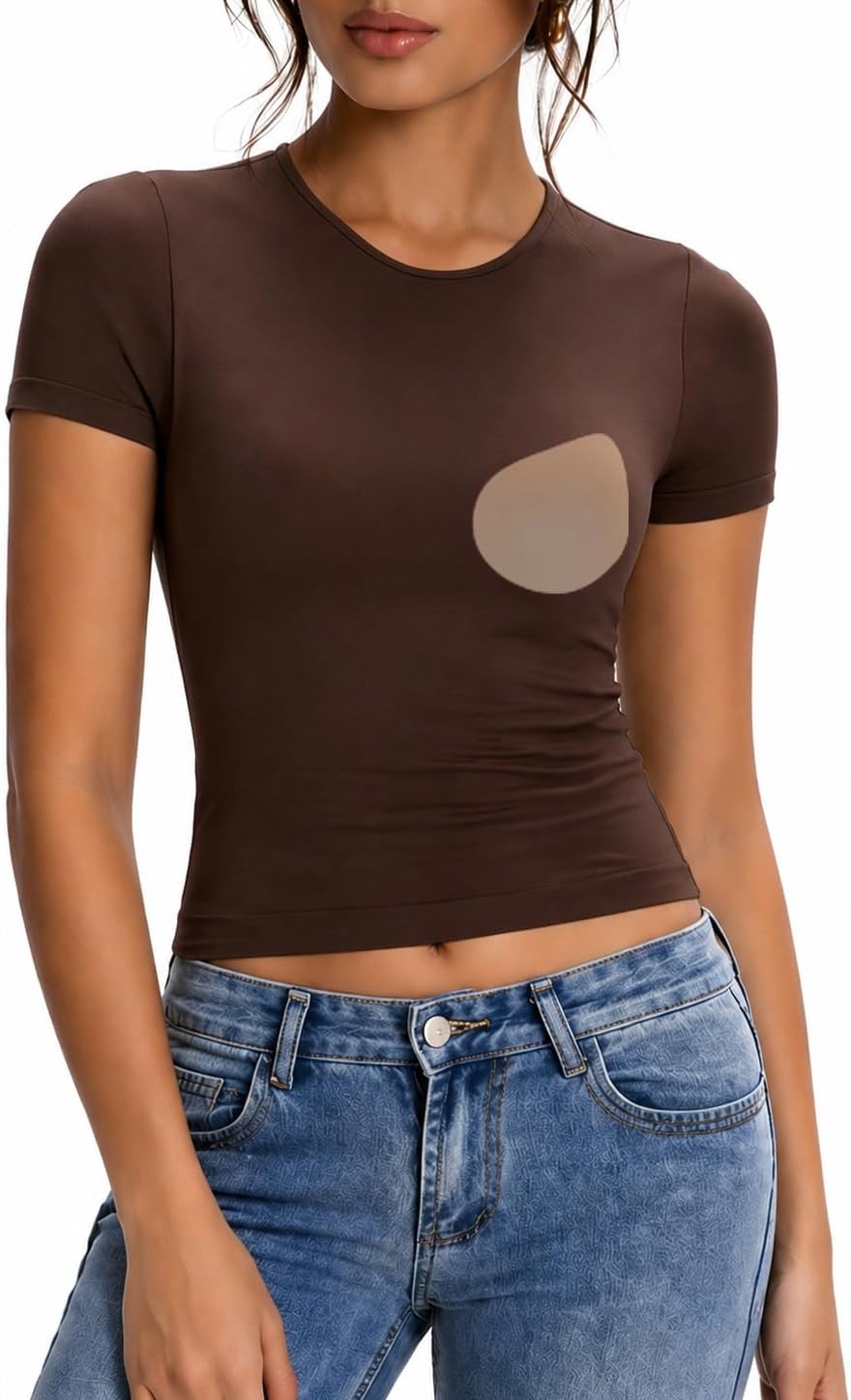 Abonlen Built in Bra T Shirts for Women Short Sleeve Crop Top Y2K Going Out Tops Fitted Basic Tees Workout Shirts