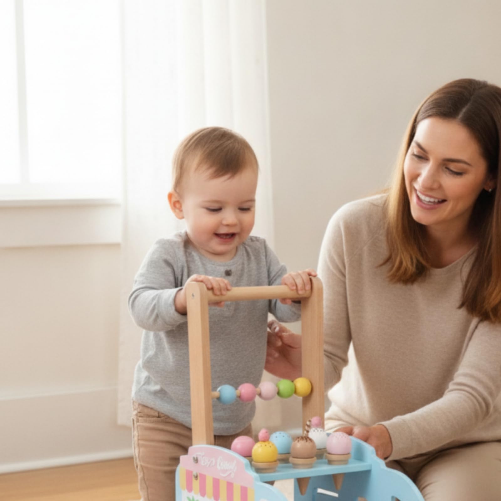 Children Lernlaufer Lauflernwagen Holz Interaktives Eiscreme-shop Motorikspiel mit Formsortierpanel für Kinder Lernen Fantasievolle Spielzeit Aktivitäten