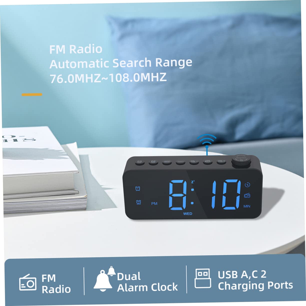 SHINEOFI Reloj Despertador Digital de Gran Pantalla LED Negro | USB de Salida, Control de Alarma Independiente, Aviso de Alarma, Plástico, para Dormitorio y Oficina