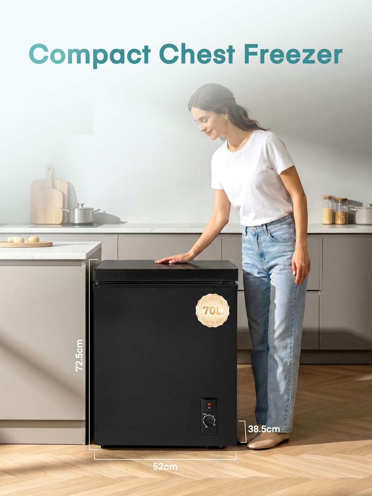 FOHERE Congelador Horizontal, Capacidad 70L, Alto 72.5 cm, Cesta con Asa, Silencioso 45 dBA, 6 Ajustes de Temperatura, Negro