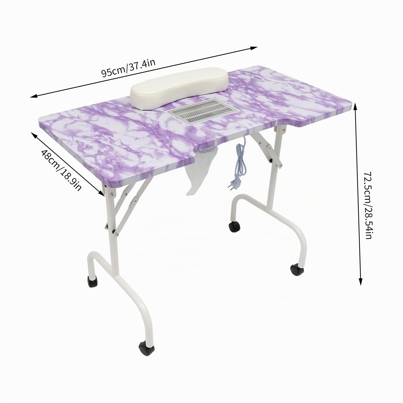 Table Manucure Pliante Aspirateur Intégré avec Roues Universelles et Sac de Transport Table Onglerie Professionnel pour Maison, Salon, Studio, Bureau, Salon de Manucure, 95x48x72.5cm (Blanc, Violet)