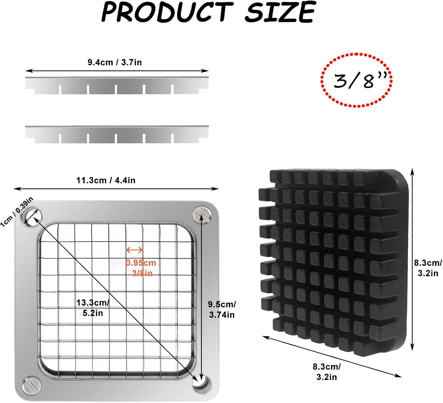 keleyu replacement chopper 3/8‘’ blade,commercial vegetable chopper dicer stainless steel blade and pusher block for fruit cutting machine tomato onion french fries cutter