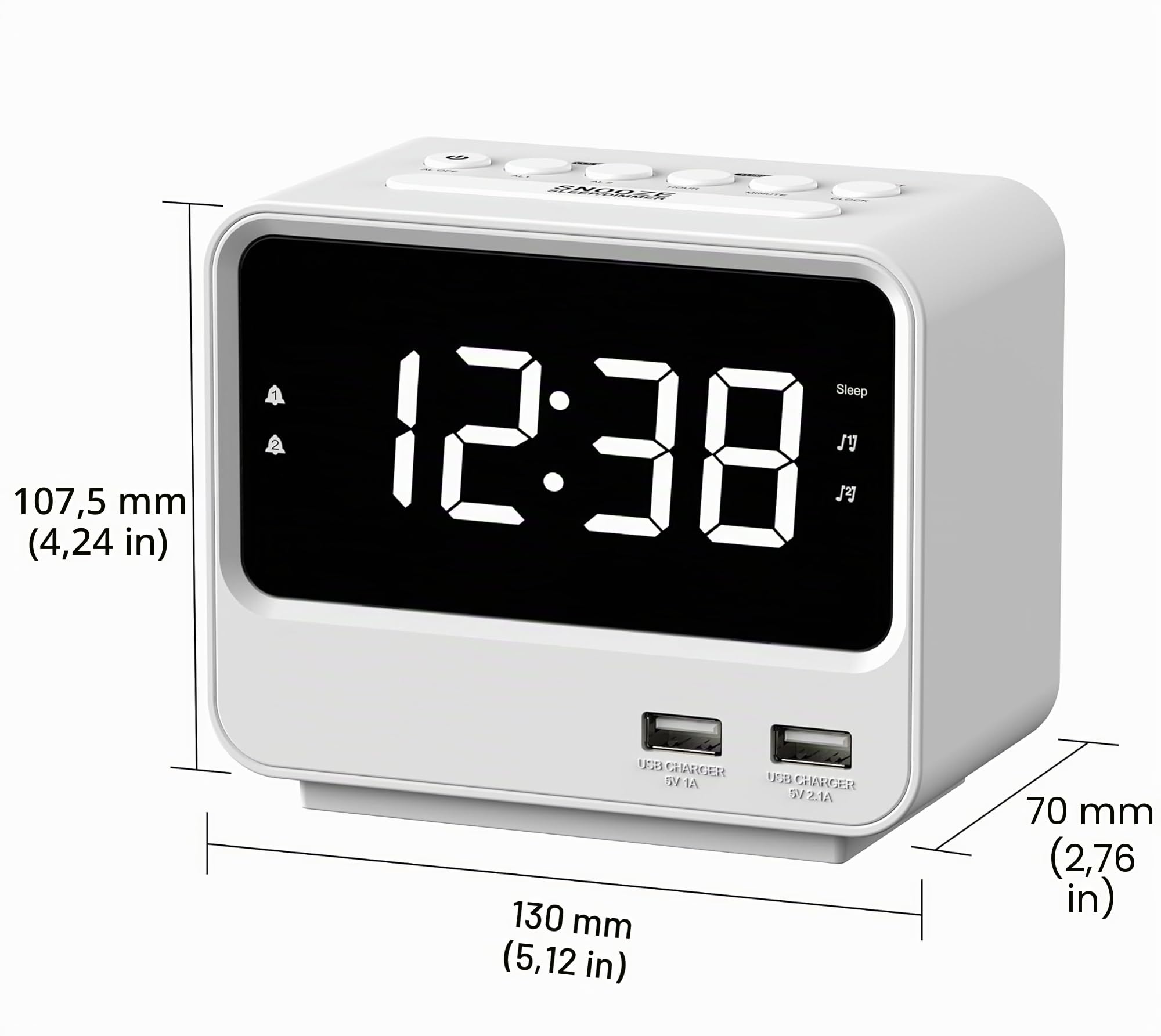 iTOMA Radiosveglia per camera da letto con due porte di ricarica USB, numeri grandi con luminosità regolabile, radio FM digitale per comodino con timer per sonno, orologio digitale LED bianco A23W