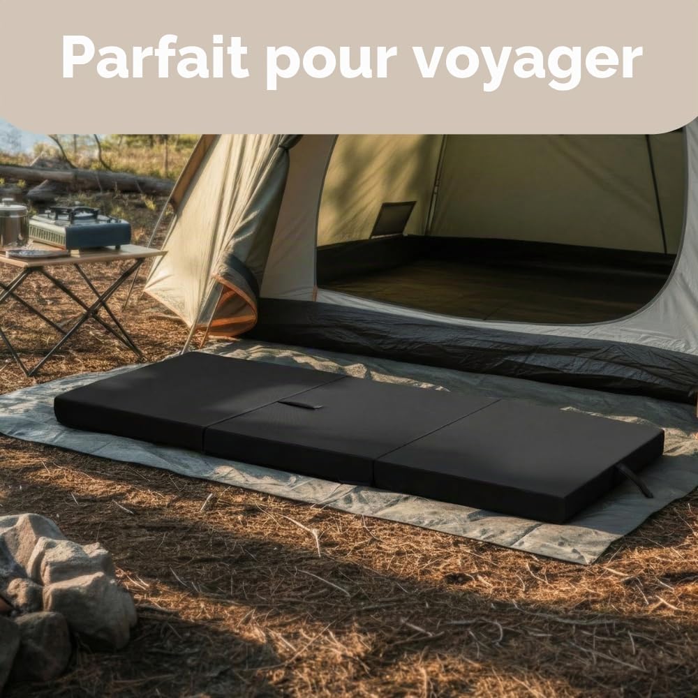 Matelas pliant, matelas d'invité pliable en 3 parties, hauteur 10 cm, matelas pliable, lit pliant, cube intervertébral (noir, 180 x 65 x 10)