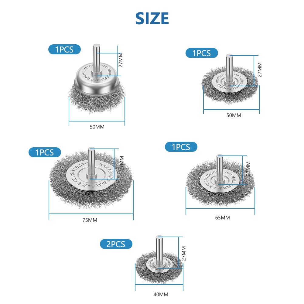 Flintronic 6-częściowy zestaw szczotek drucianych do wiertarki, okrągły trzonek 6 mm, szczotka tarczowa, szczotka z mosiądzu z 1/4 cala, do usuwania rdzy, korozji, czyszczenia, szorstkowania