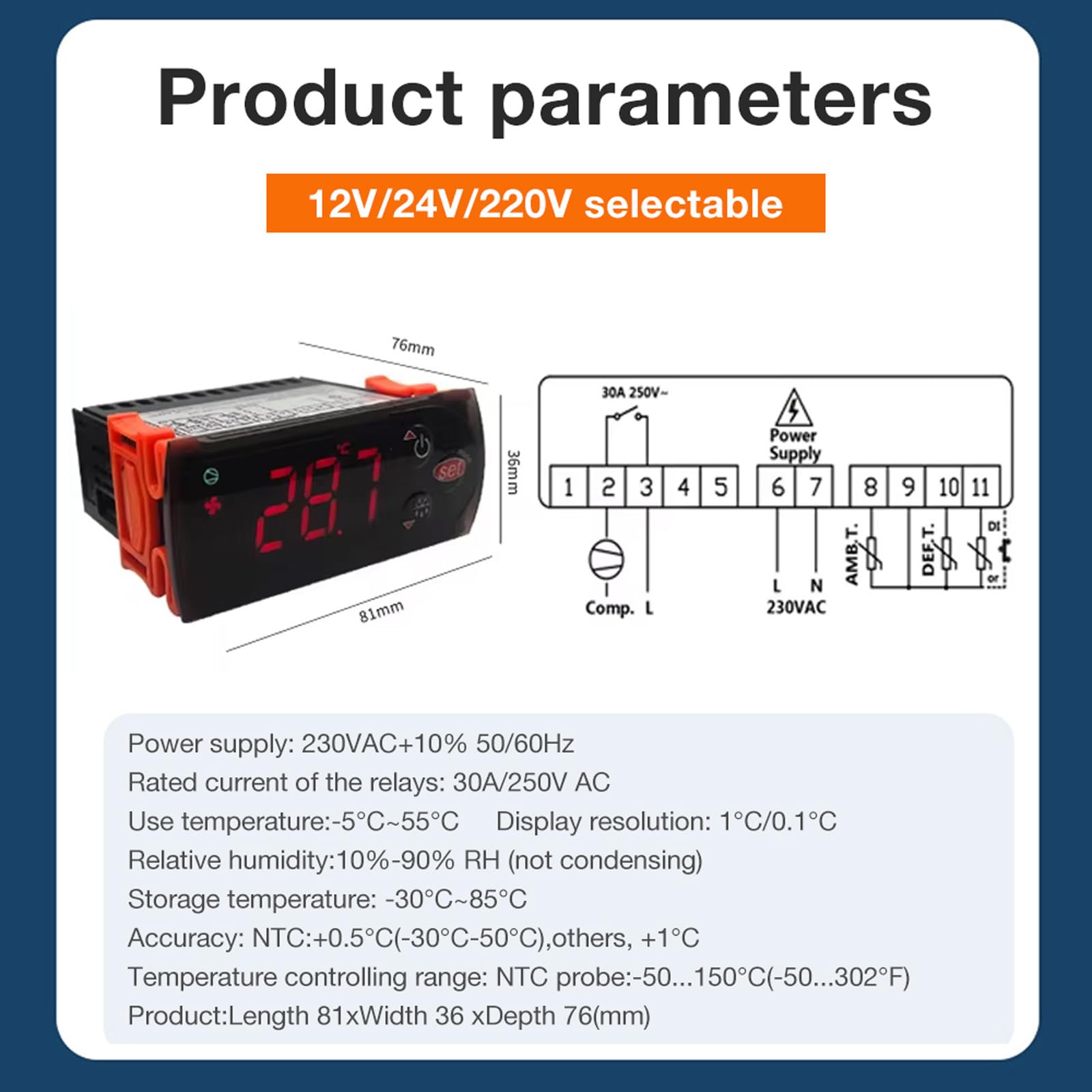 Termostato con sensori per celle frigorifere con controllo della temperatura Riscaldamento Modalità raffreddamento Display LCD Costruzione in ABS Termostato a doppio sensore