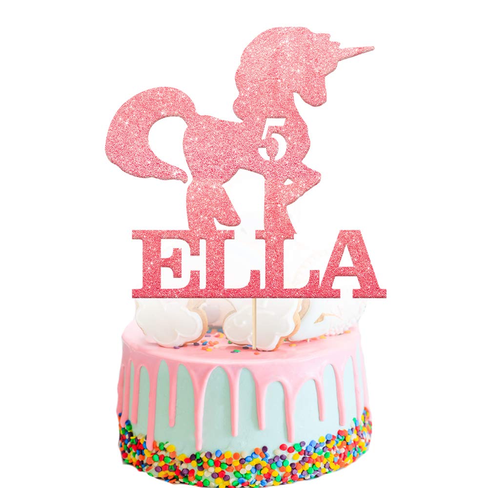 EDSG Personalised Unicorn Cake Topper | Custom Cake Decoration with Any Name & Age | Multicolour Glitter Party Decoration for Girls Boys 3 5 7 12 16 18 21 30 (Baby Pink)