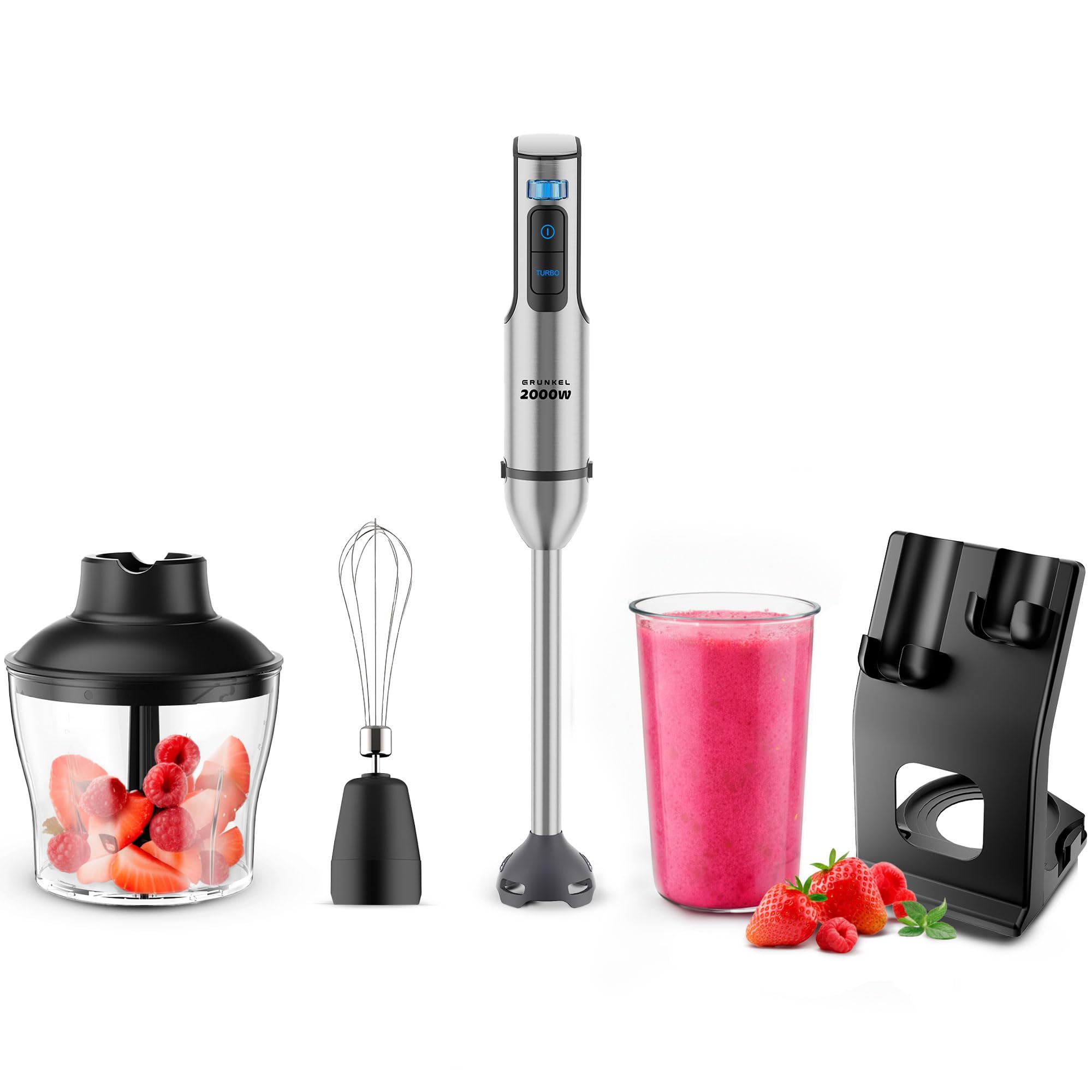 Grunkel - Batidora de Mano Potente de 2000W Acero Inoxidable, Vaso Incluido y Opción Set Accesorios con Varilla, Picadora y Soporte, Encaje Metálico y Base de Silicona, Color Plateado