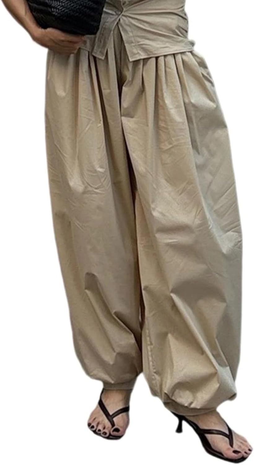 Tbahhir Women's Wide Leg Pleated Harem Pants Drawstring Elastic Waist Baggy Casual Palazzo Balloon Barrel Joggers