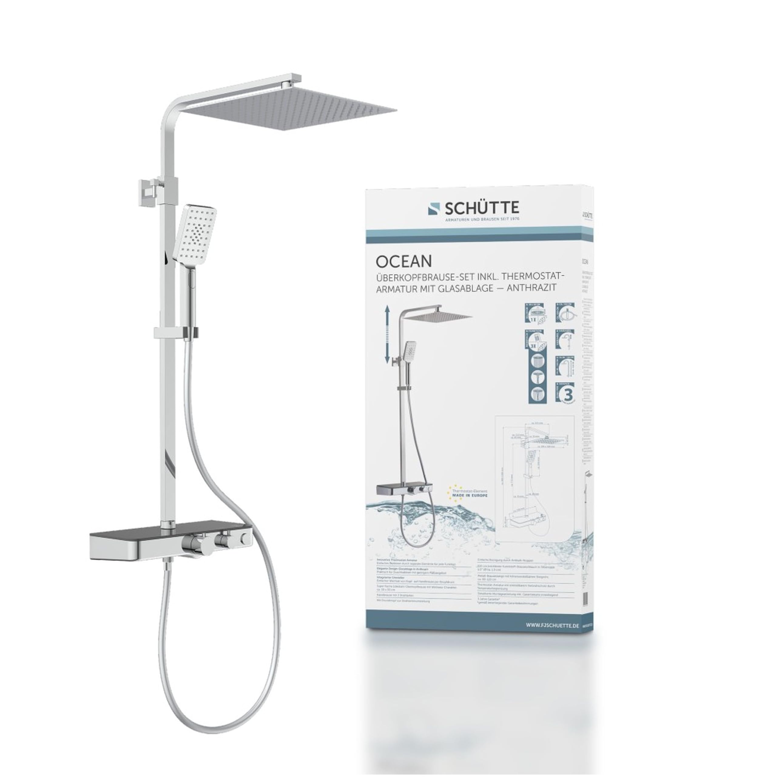 SCHÜTTE OCEAN 60531 system prysznicowy z termostatem i szklaną półką, 30 x 30 cm, deszczownica z uchwytem ściennym i panelem prysznicowym, kolumna prysznicowa w kolorze chromowym/antracytowym