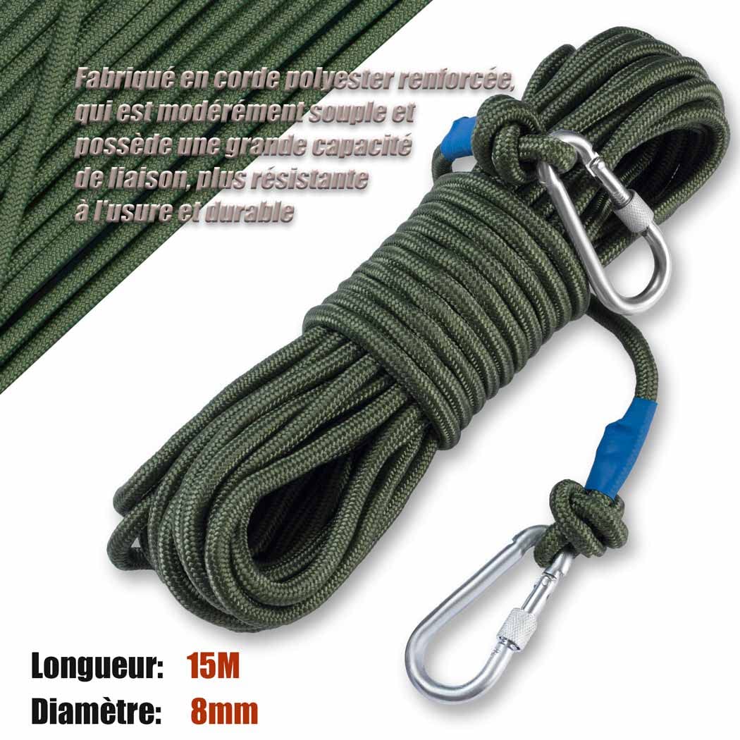 Grappin avec Corde-Comprend Corde en Nylon de 8mm x 15M,Grapin et Double Mousqueton,pour la Peche aimant/Travail des arbres/Tirant