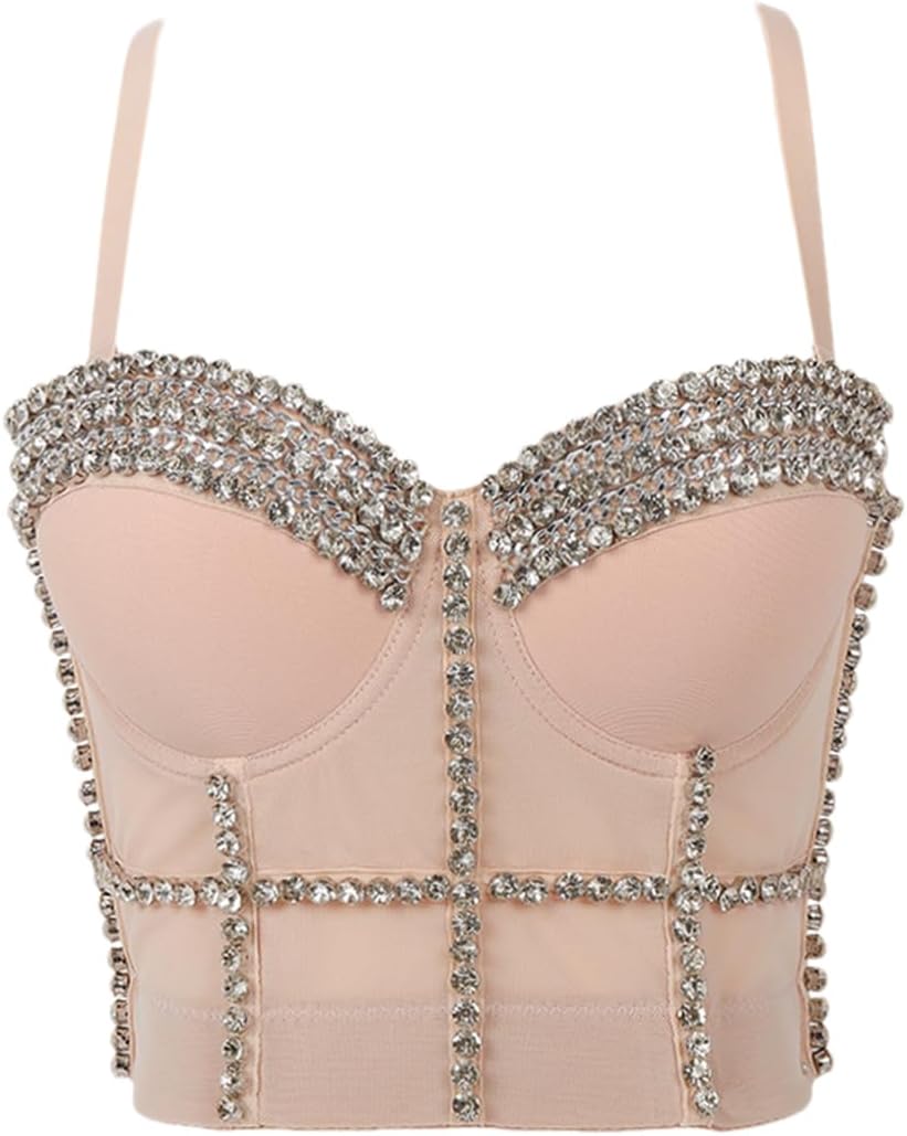 Adhdyuud Women Sexy Diamond Beading Party Push Up Bustier Y2k Corset Camis Club Crop Top Bra