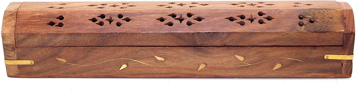 LEAF - Solid Wood Wooden Incense Joss Sticks Storage Box with Built in Ash Catcher and Cone Burner
