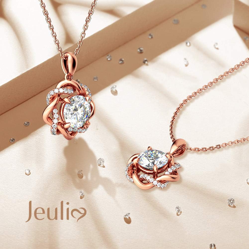 Jeulia Women S925 Sterling Silver Flower Necklace Chain White Diamond Pendant Necklace with Long Hollow Chain Mother’s Valentine's Day Jewelry Gift